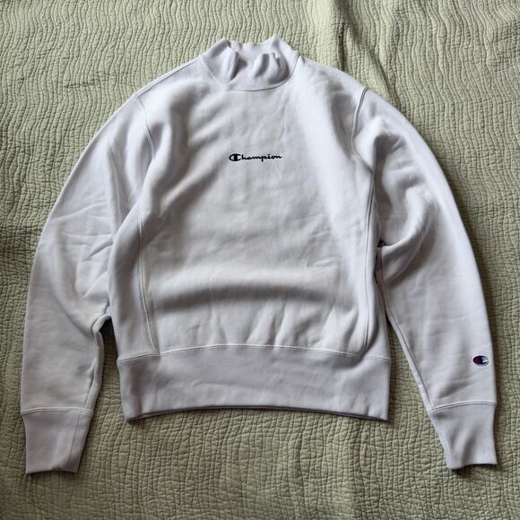 Champion Reverse Weave White Mock Neck Sweatshirt Embroidered Logo Size S - Picture 1 of 8